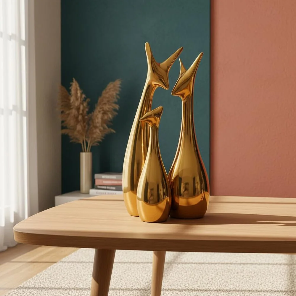 home decor lucky deer statue family metallic gold finish ceramic figures 1