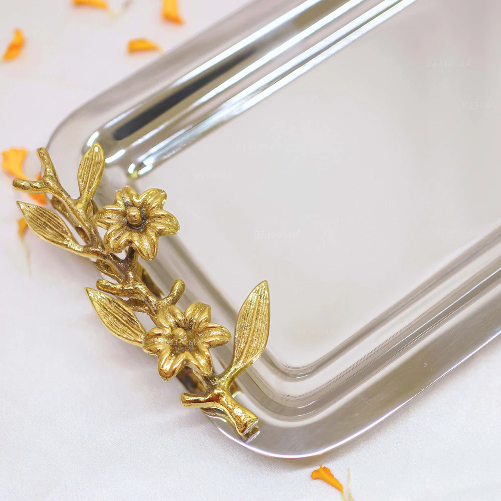 rectangular serving tray with golden brass leaf handle 1