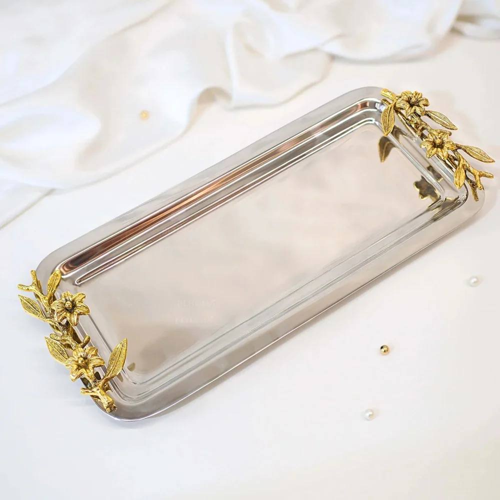 rectangular serving tray with golden brass leaf handle