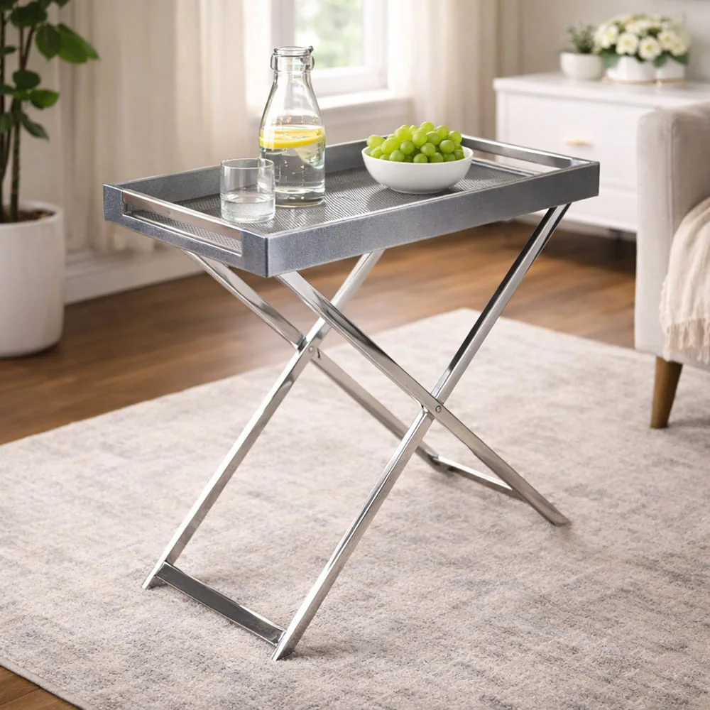 Lumina Platinum & Silver Faux Leather Butler Tray Table 3