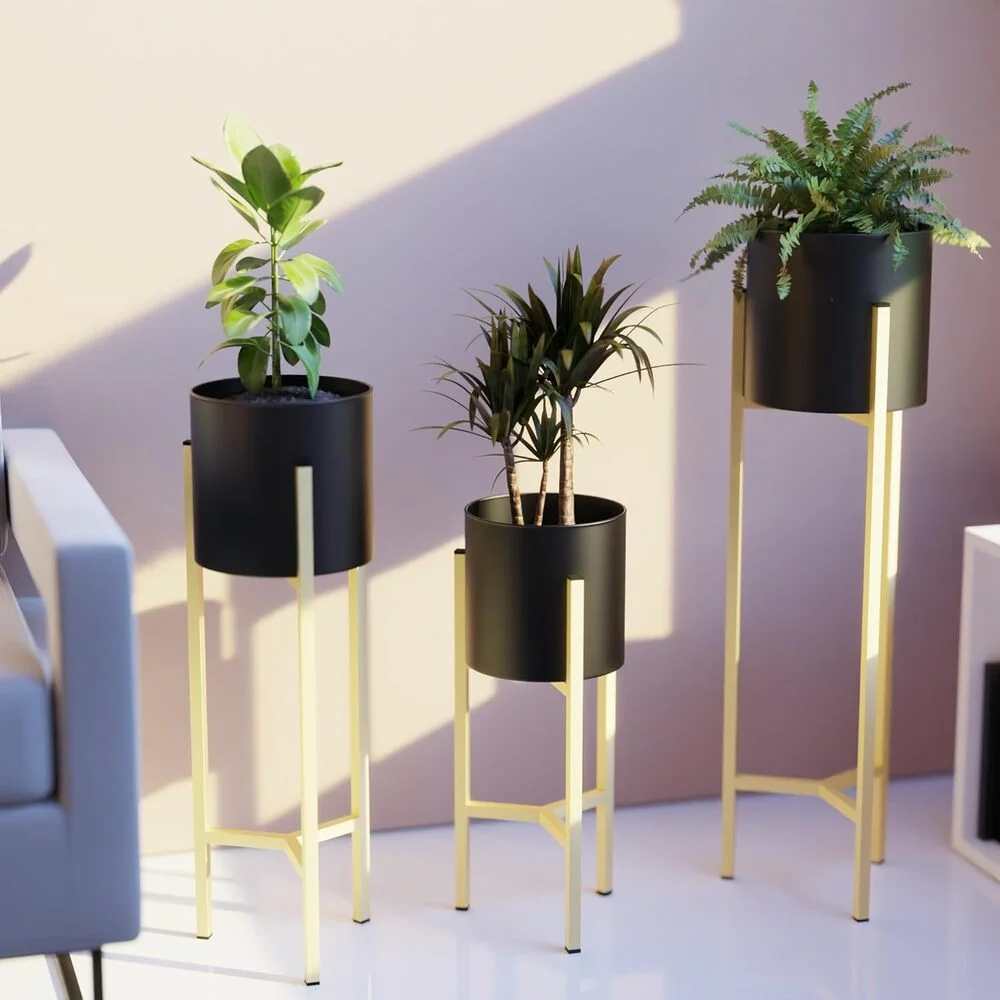 Modern Metal Floor Flower Planter with Stands for Living Room (Black)