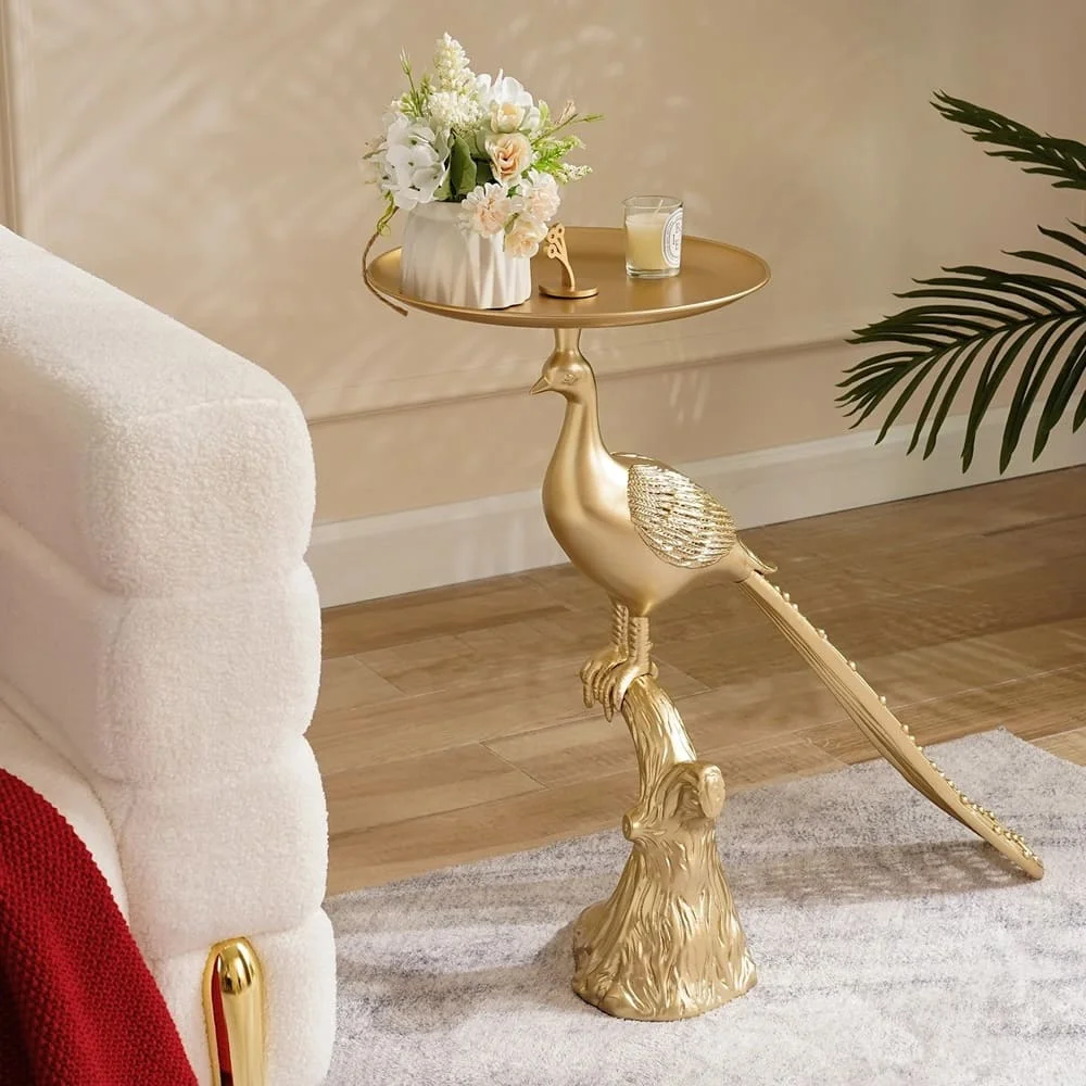 Peacock Figurine Art Deco Gold Side Table with Tray Top