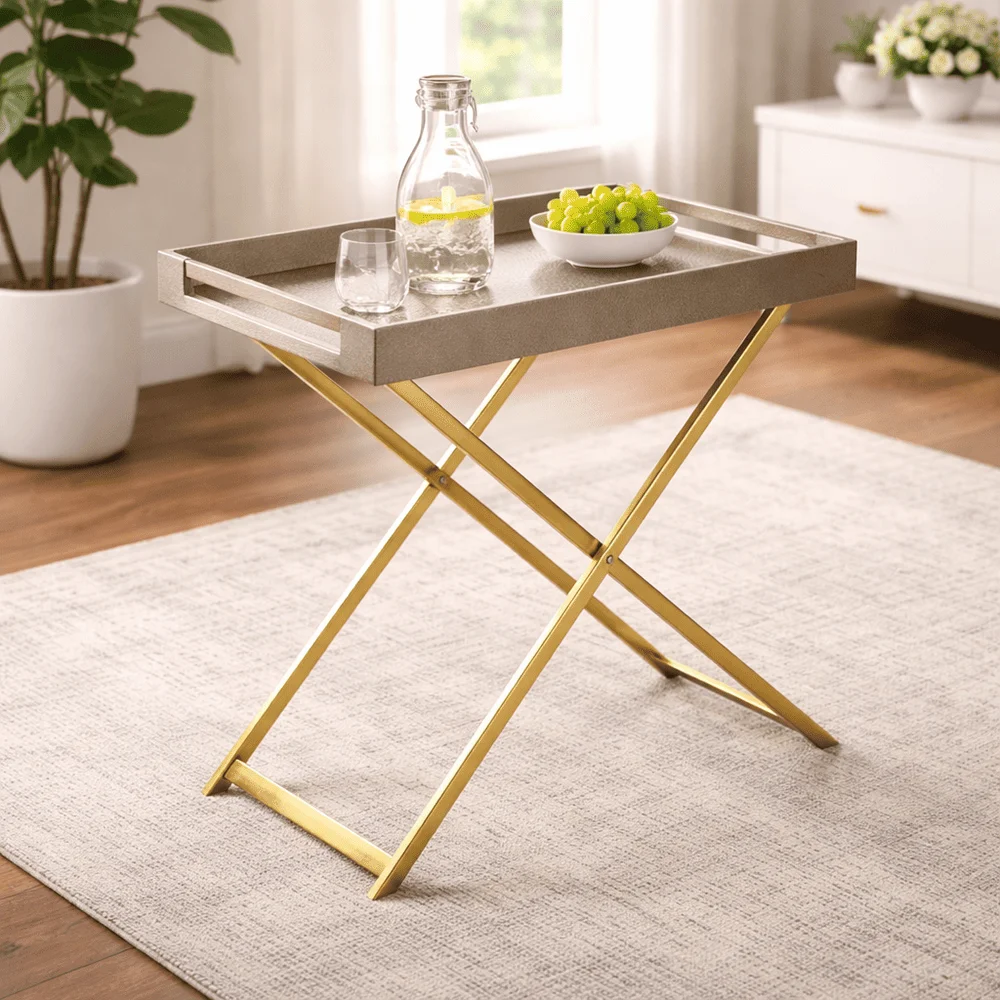 Pixel Dull Gold Metal Butler Tray Table With Stand 3