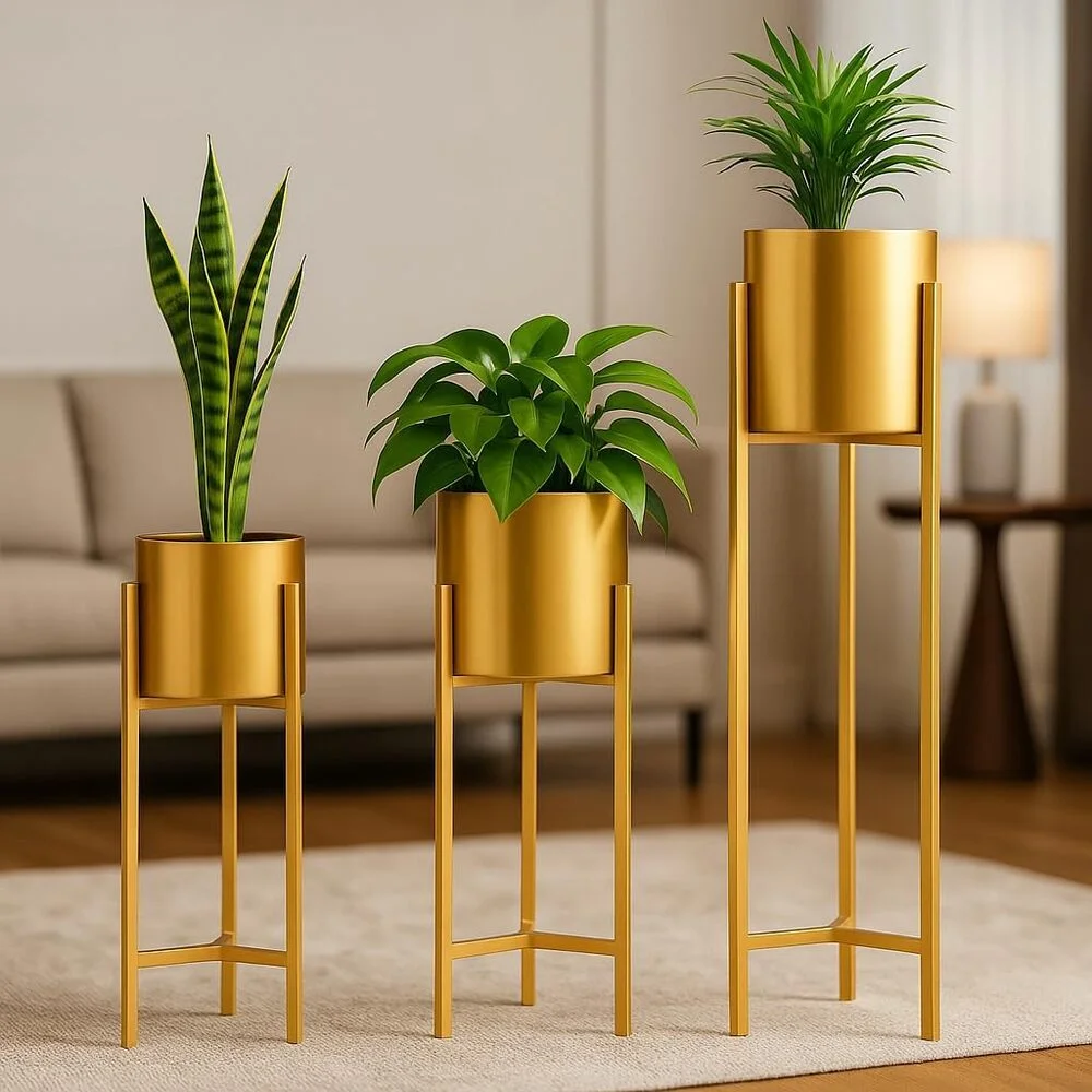 Premium Gold Planter Set of 3 with Stands