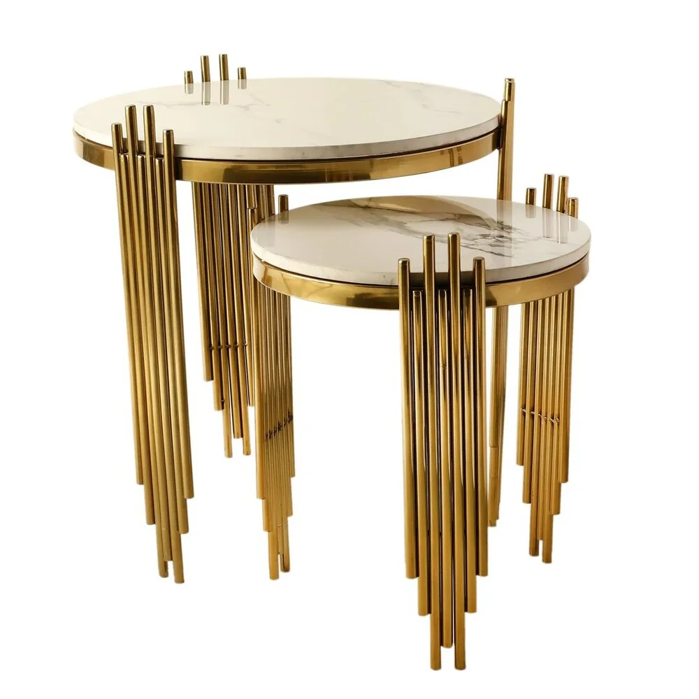 Sylvia Nesting Table Set of 2 with Marble Tops and Gold Finish Metal Bases 1