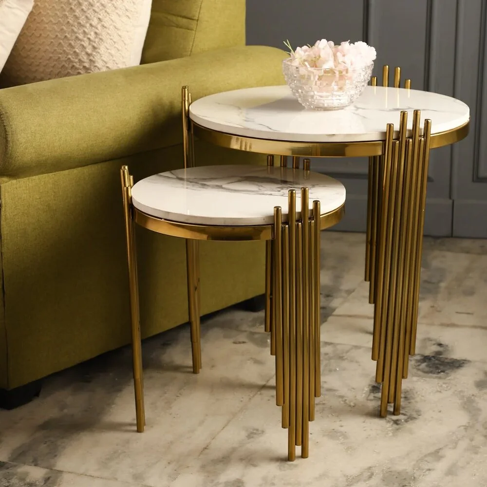 Sylvia Nesting Table Set of 2 with Marble Tops and Gold Finish Metal Bases