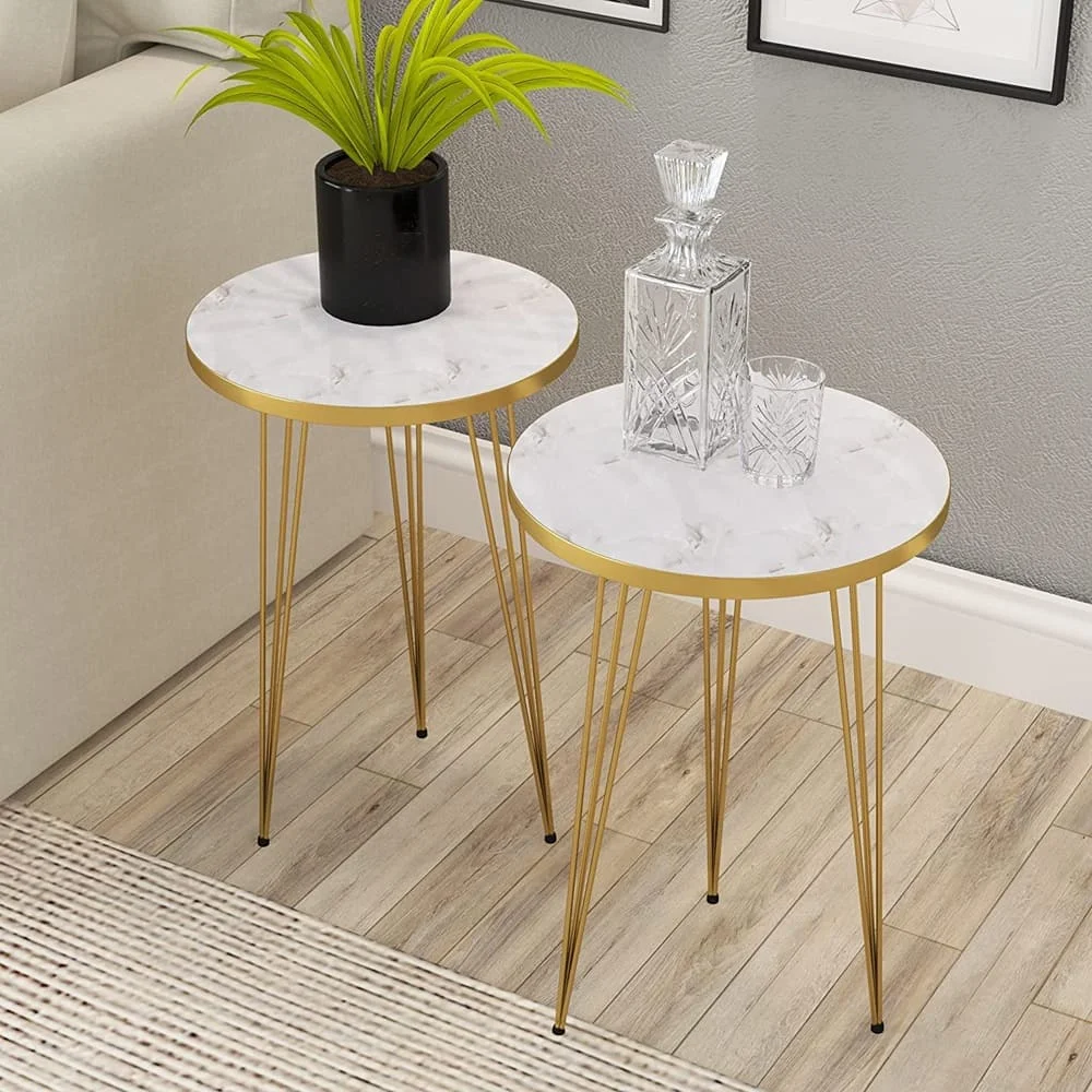White Marble Look With Gold Metal Legs Coffee Tables 1